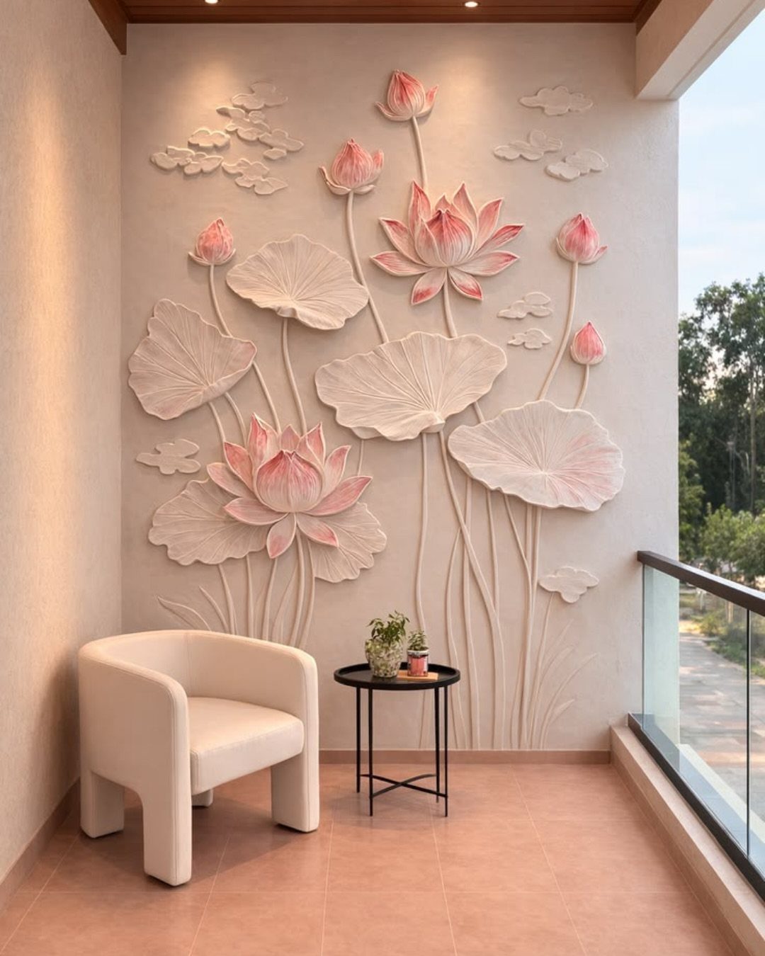 Large 3D lotus flower wall art mounted on a beige balcony wall near a chair.