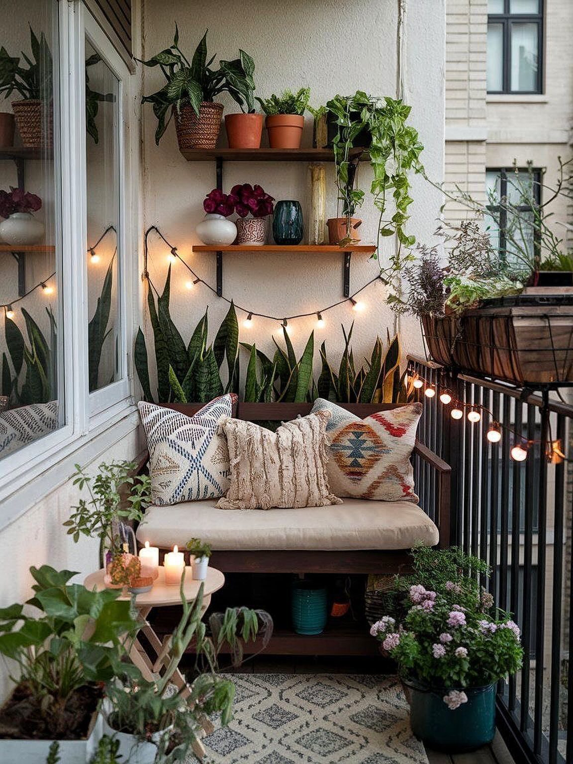 Lush balcony featuring layered plants on shelves, a cozy bench with pillows, and warm string lights.