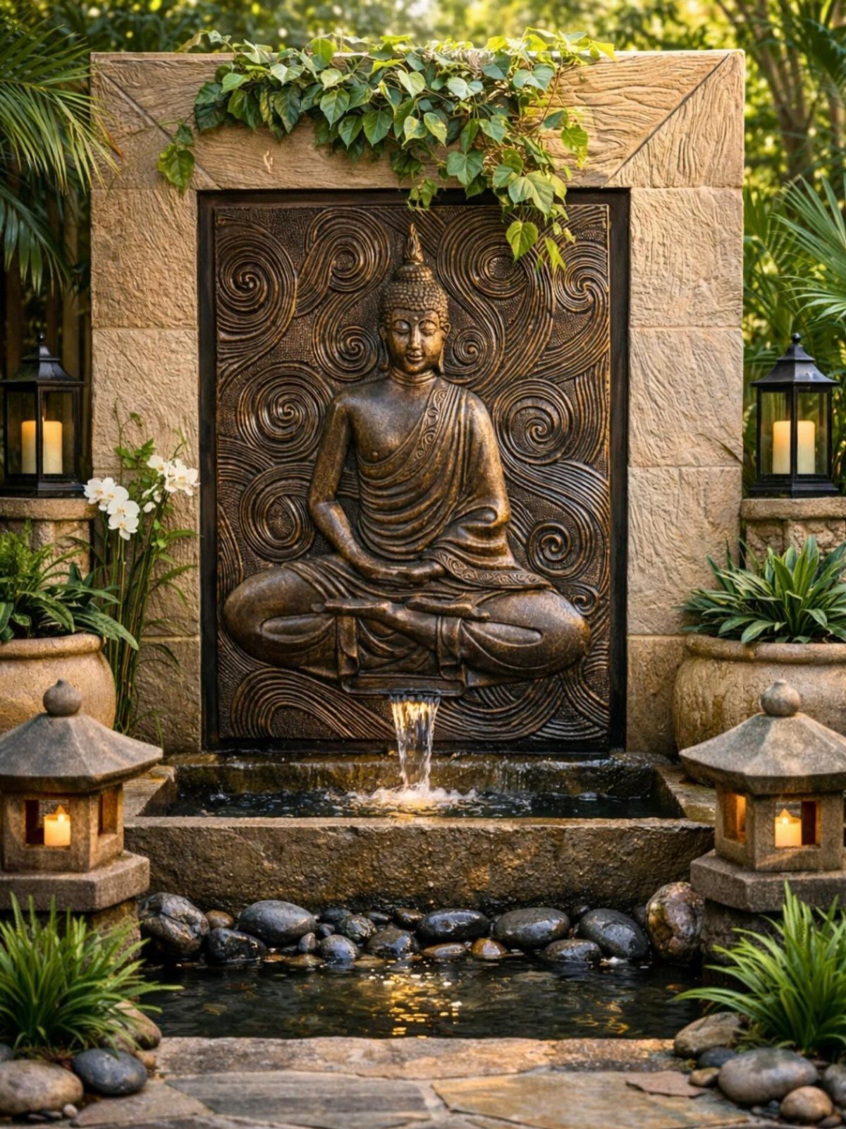 A Buddha statue water fountain flowing into a stone basin surrounded by plants and lanterns.