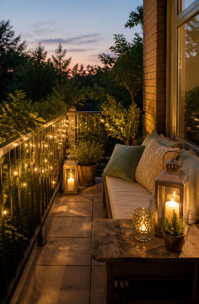 Battery-operated fairy lights and lanterns on a balcony railing at dusk.