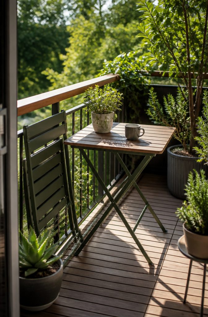 A bistro set with two folding chairs and a table on a balcony.