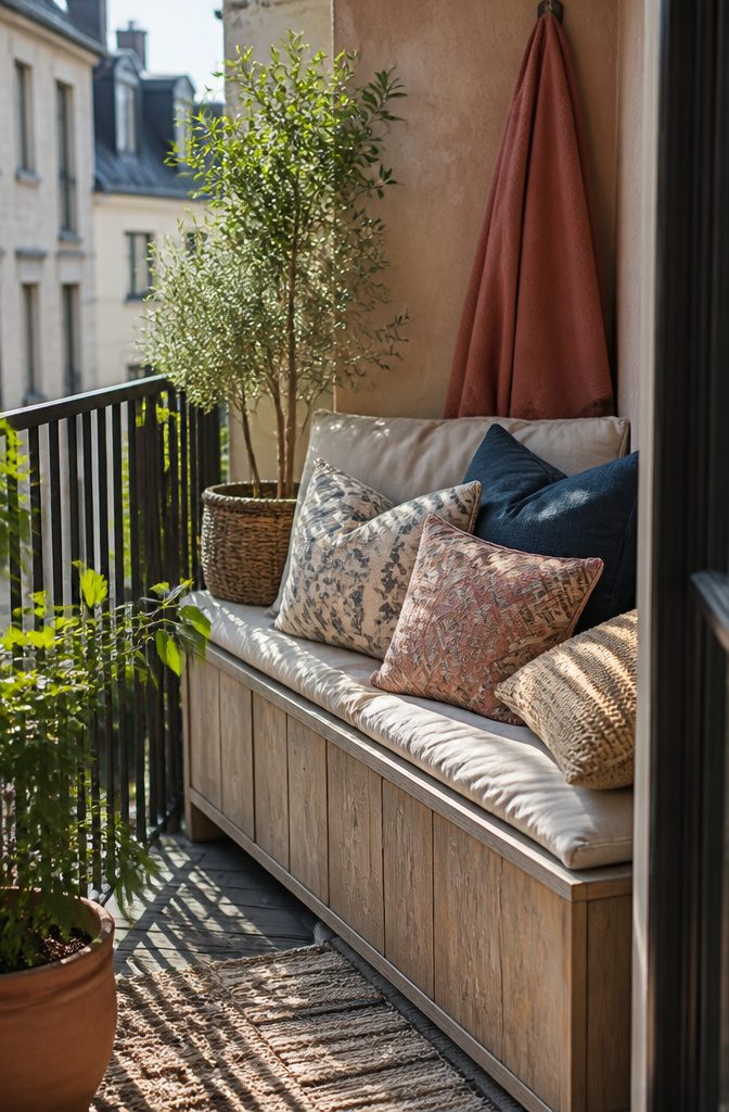 A storage bench covered with colorful outdoor cushions on a balcony.