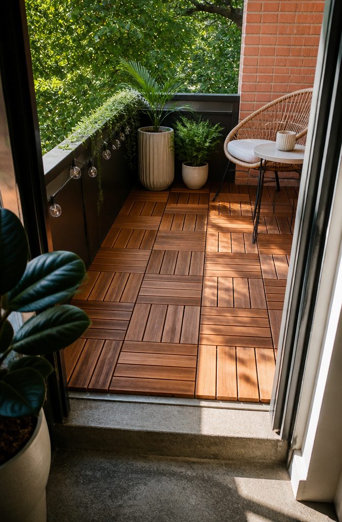 IKEA's interlocking wood tiles covering a small balcony space.