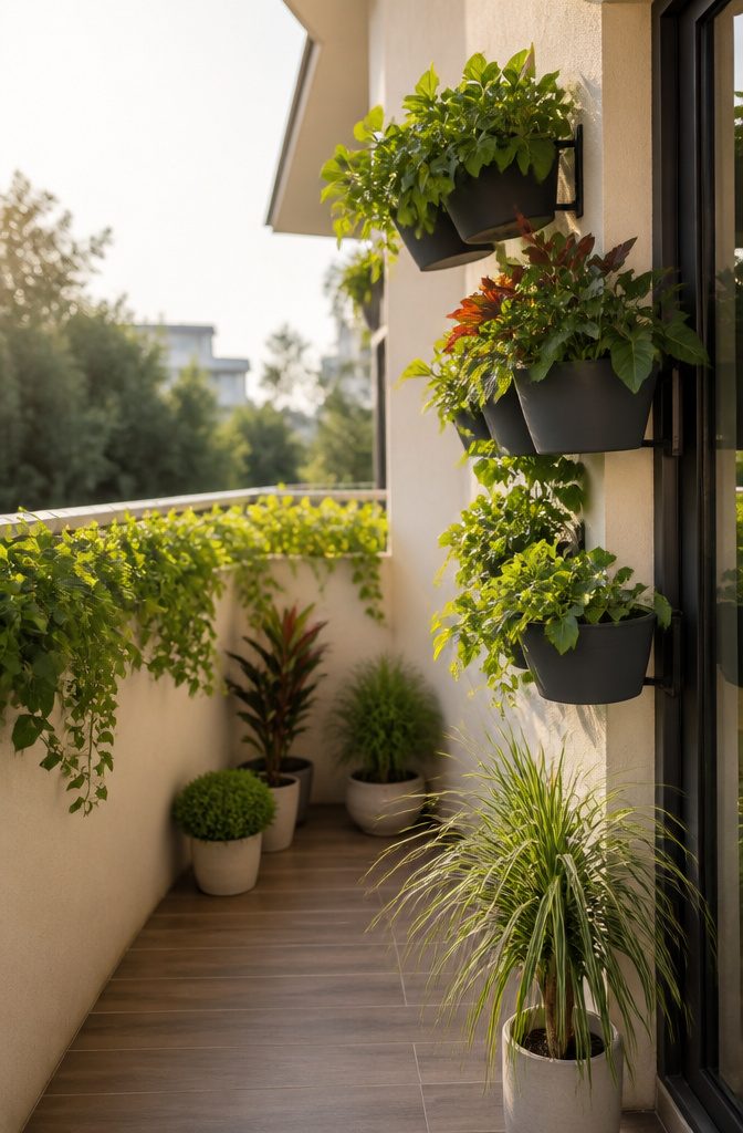 Rail-mounted hanging planters overflowing with plants on a narrow balcony.