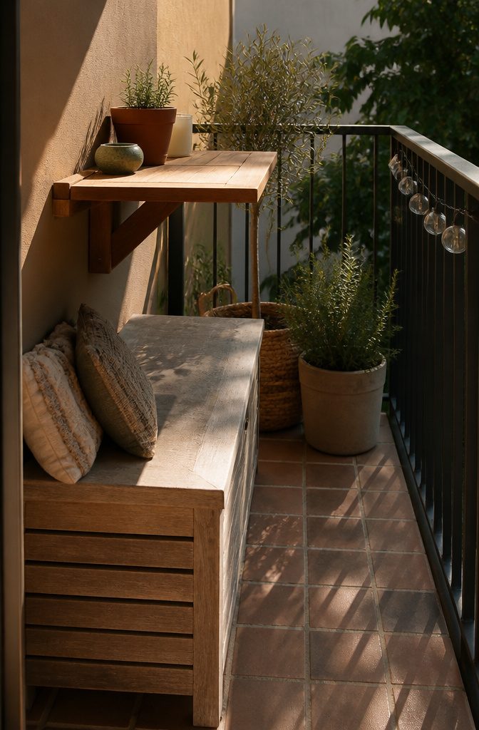 A storage bench on a balcony, with a wall-mounted drop-leaf table above.