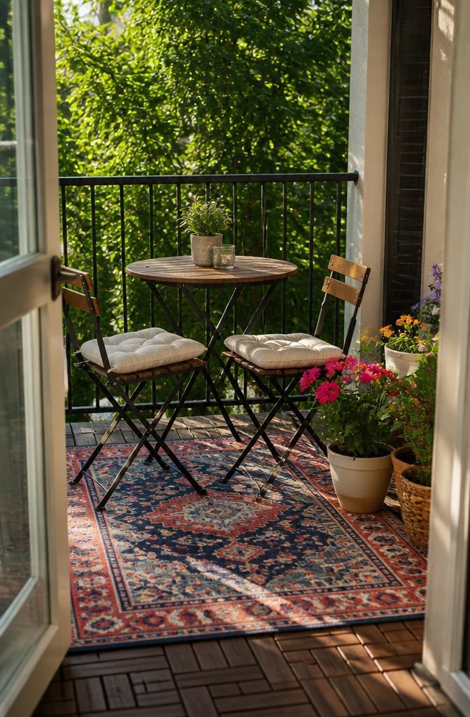 A polypropylene rug under a bistro set on a balcony with potted flowers.