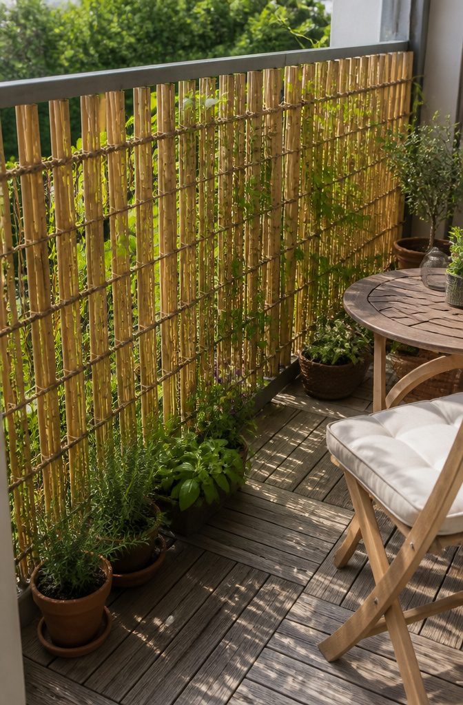 A bamboo privacy screen along a balcony railing with potted herbs.