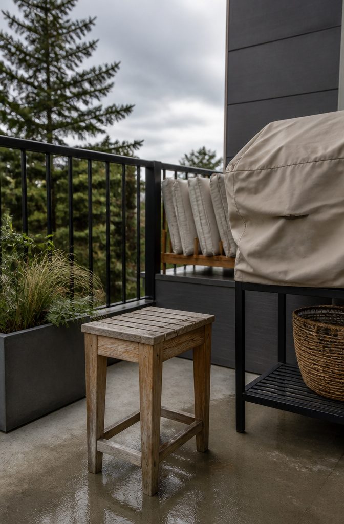 A weathered teak stool and cushions with protective covers on a balcony.