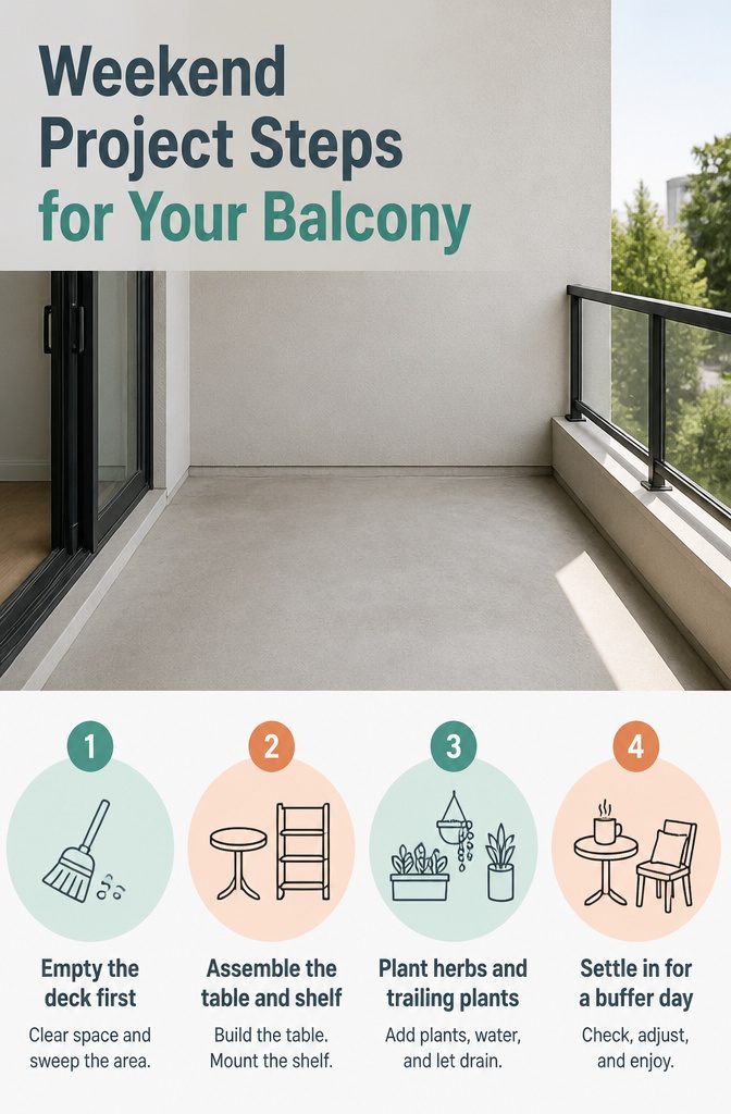 Steps for a weekend balcony project with furniture assembly and planting.