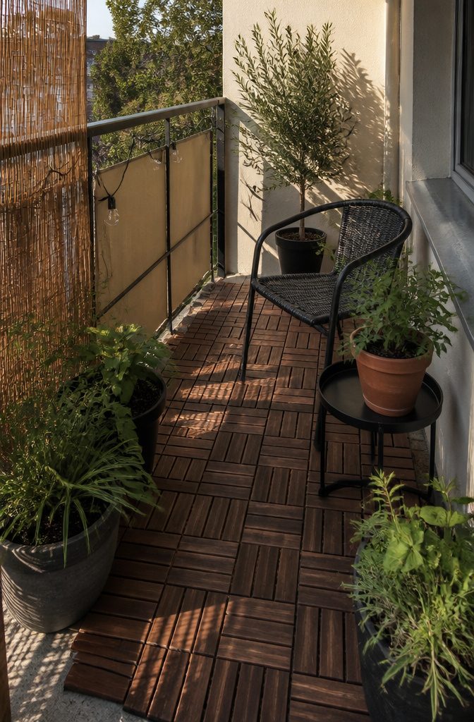 A balcony with wood tiles, a bamboo screen, and soft lighting.