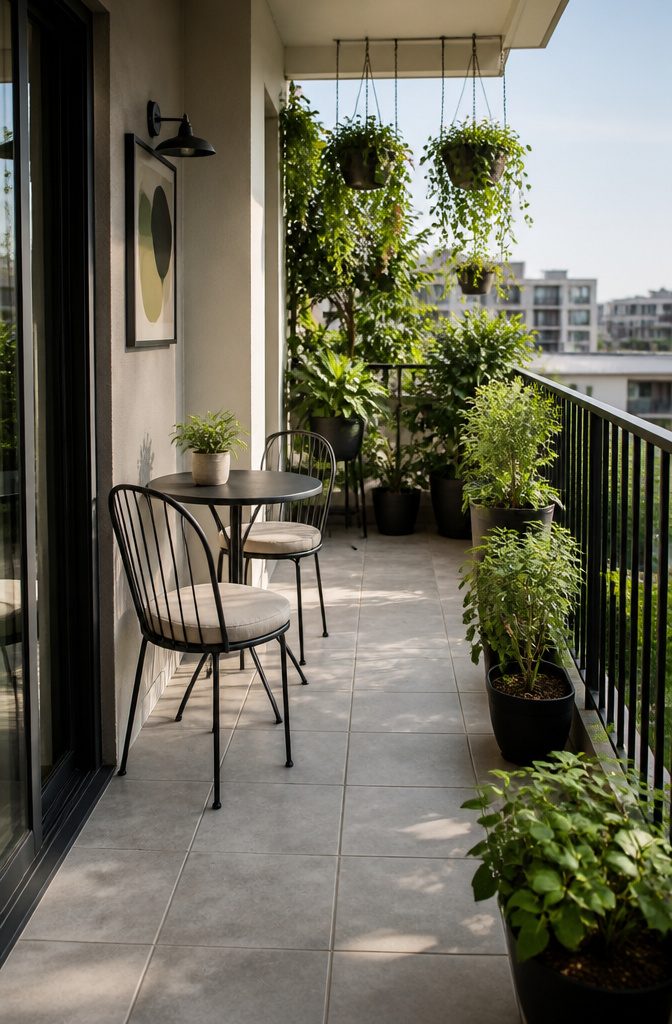 A well-organized balcony featuring distinct areas for seating and plants.