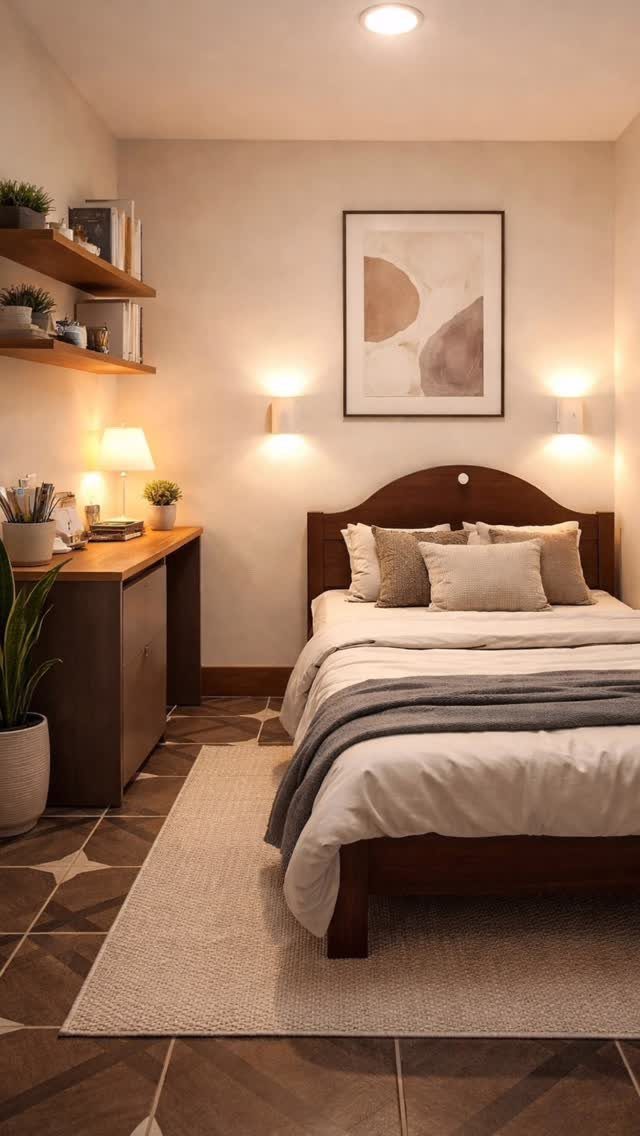 A cozy bedroom with warm wall sconces, a desk lamp, and soft overhead lighting.