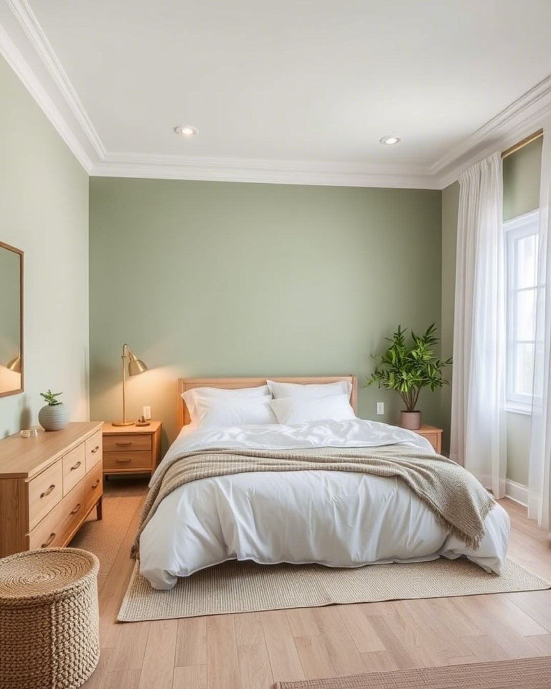 A cozy bedroom with white bedding and a large moss green accent wall.