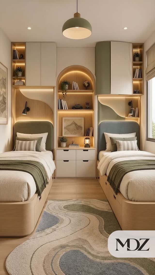 Two twin beds with green headboards sit between built-in wooden shelving and cabinetry in a modern bedroom.