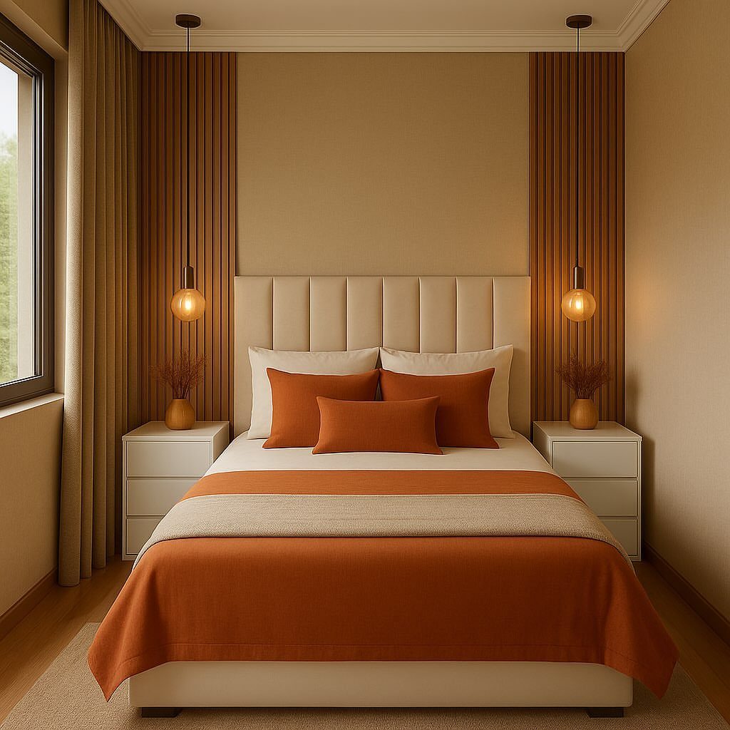 A modern bedroom with orange bedding, white nightstands, and vertical slatted wood wall panels.