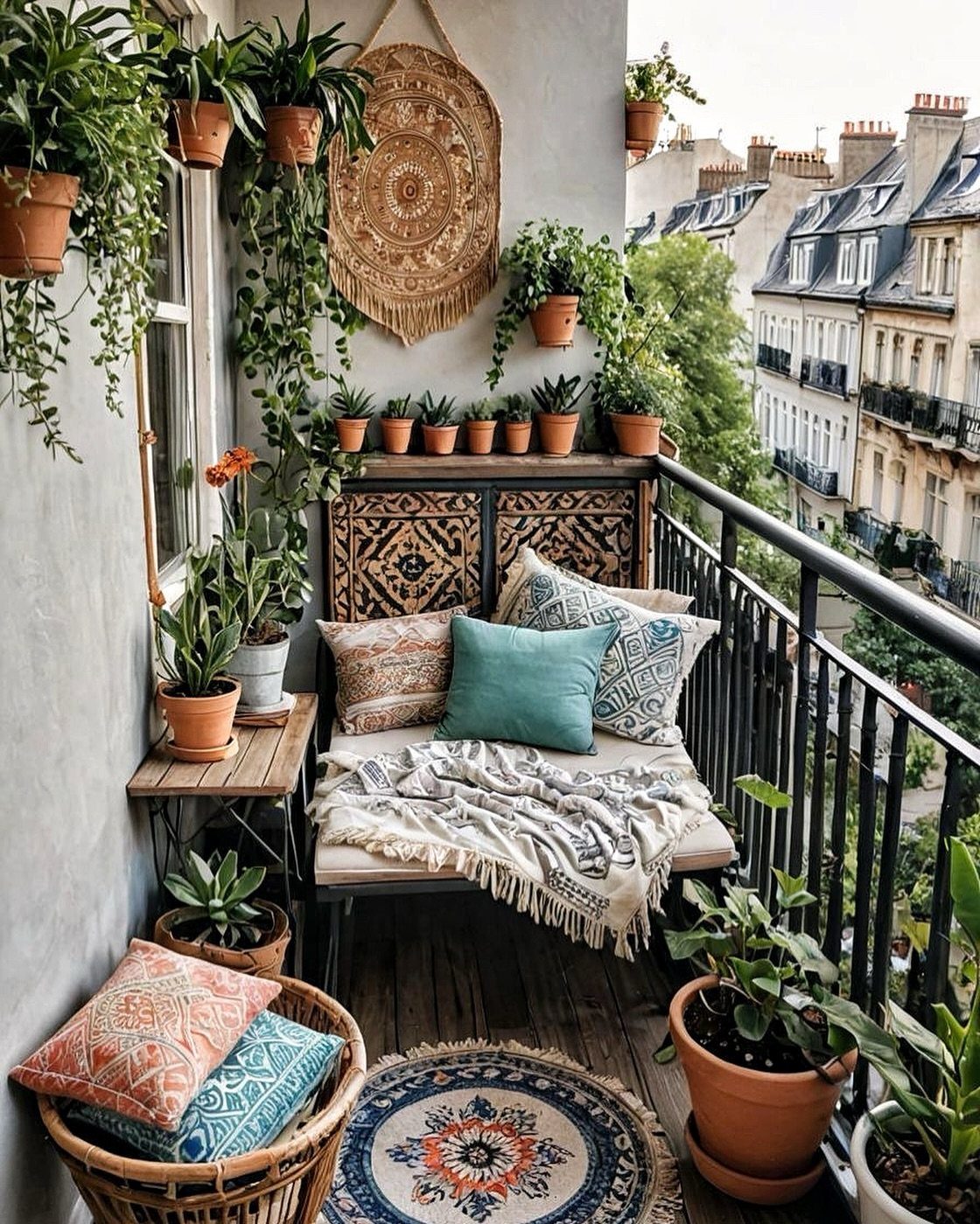 A cozy balcony featuring colorful patterned cushions, a throw blanket, and many green potted plants.
