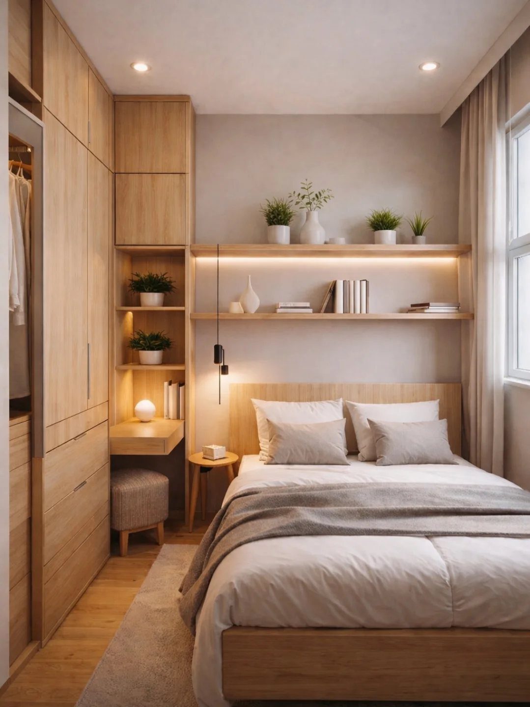 Modern small bedroom with light wood floating shelves and tall built-in storage cabinets.