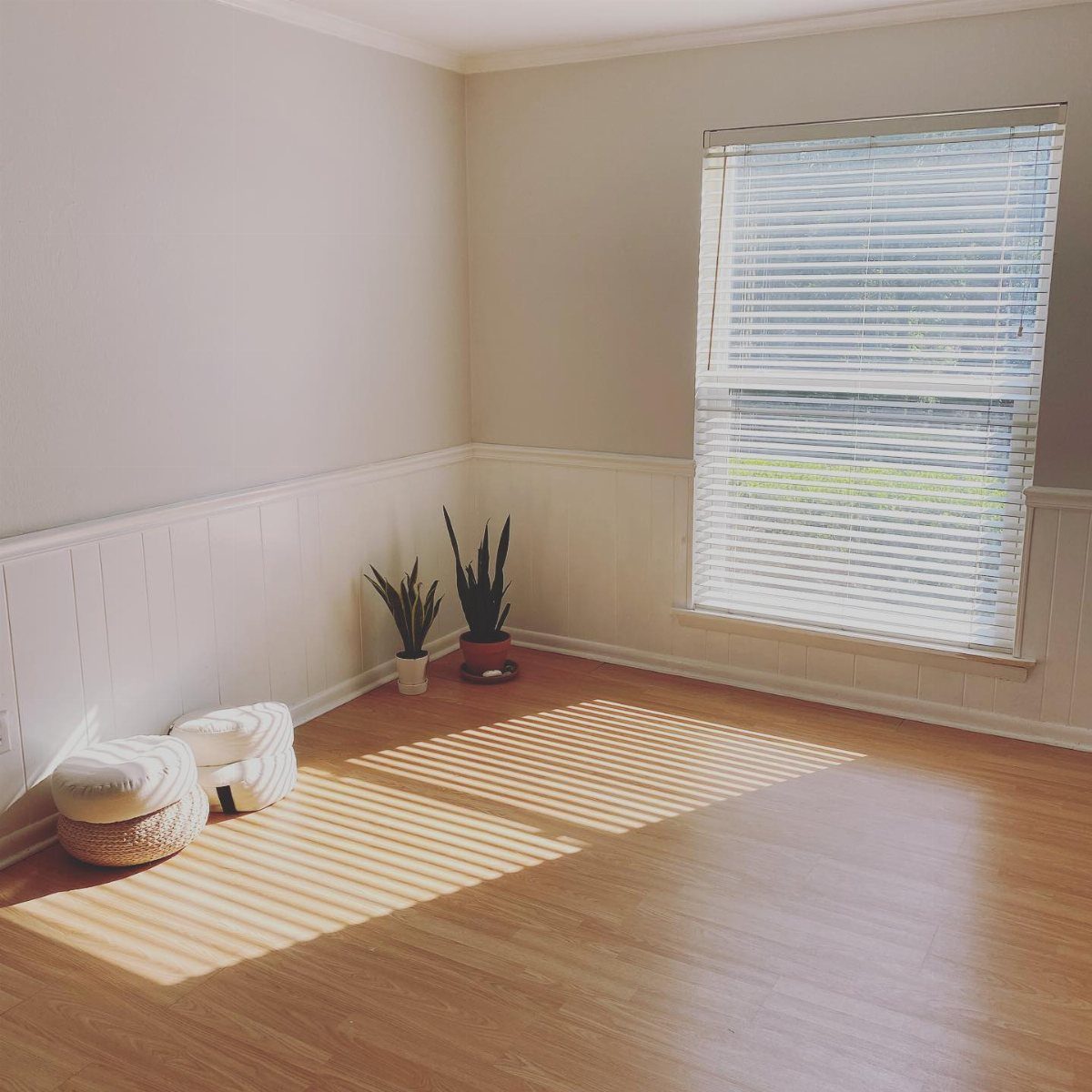 Empty room with light wood floors, white wainscoting, and sunlight streaming through window blinds.