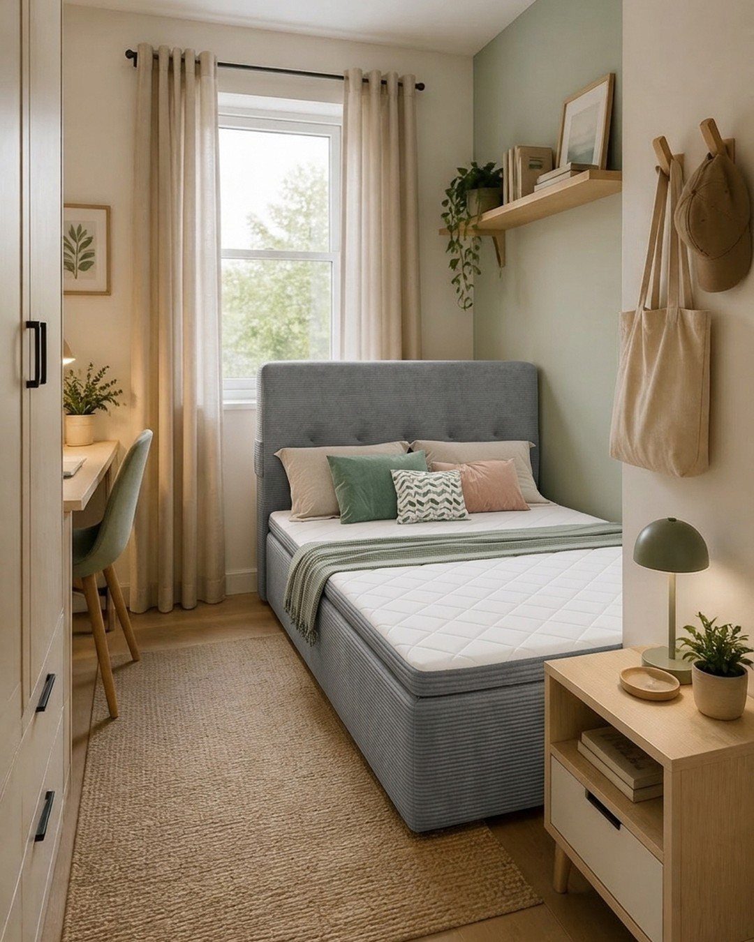 Small bedroom with a grey bed, wooden desk, floating shelf, and neutral colored textiles.