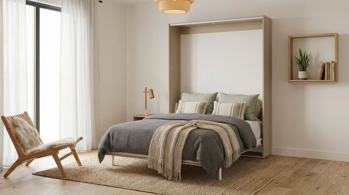 A light wood Murphy bed with grey bedding in a bright, modern bedroom.
