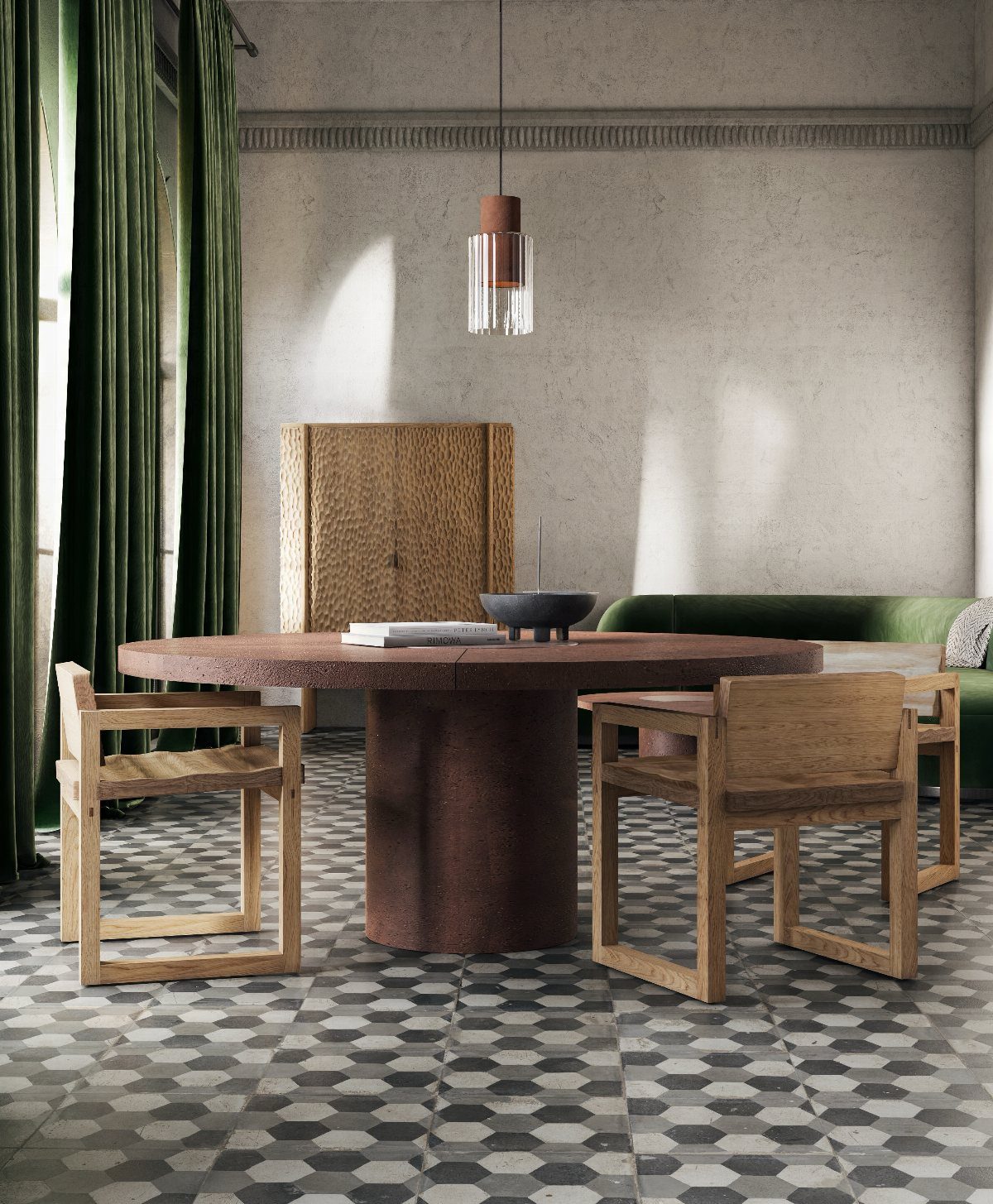Round wooden dining table with matching chairs on a patterned hexagonal tile floor.