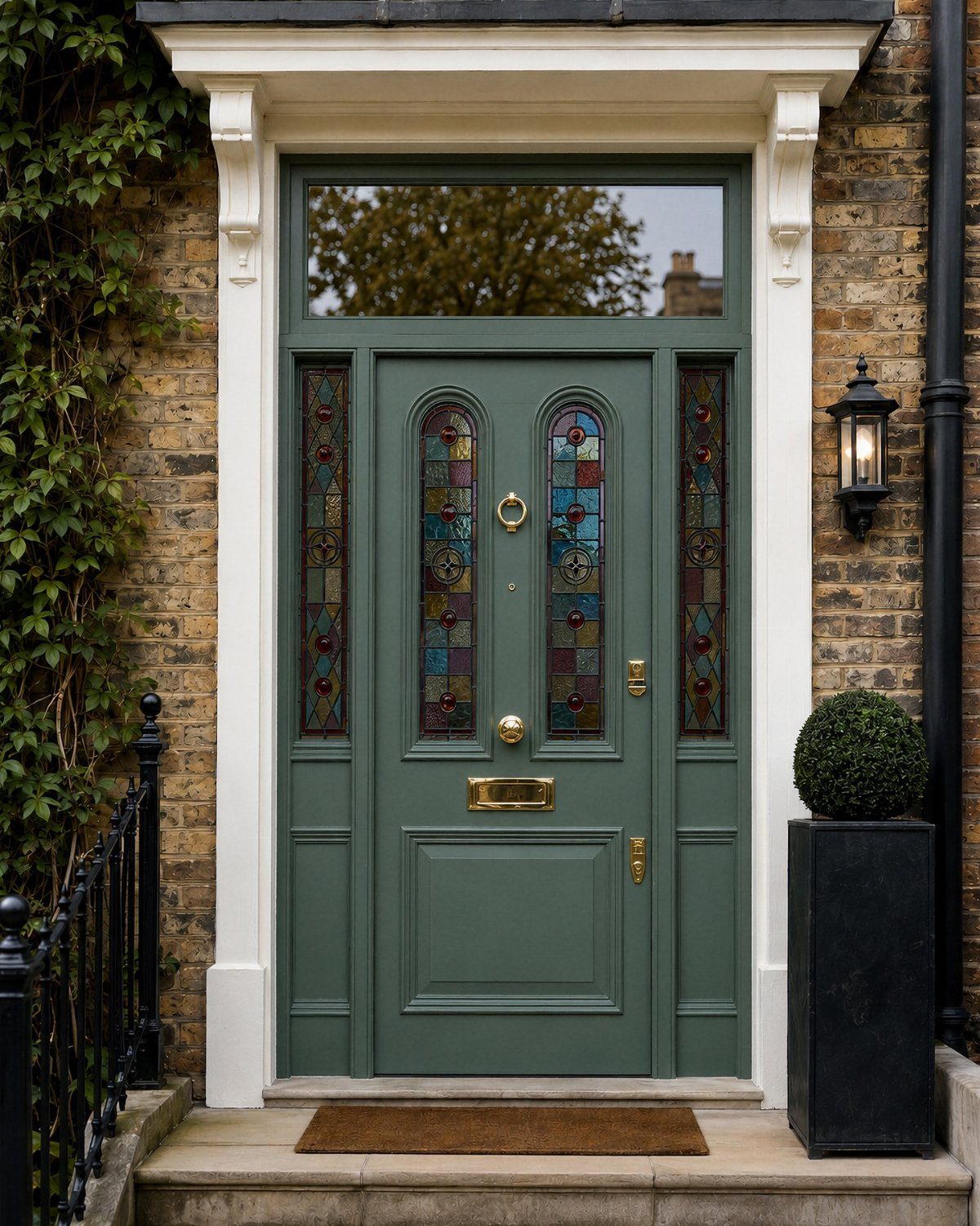 A sage green front door with decorative stained glass panels and gold hardware.