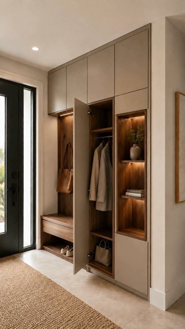Built-in entryway storage unit with beige cabinets, wooden bench, and lighted display shelves.