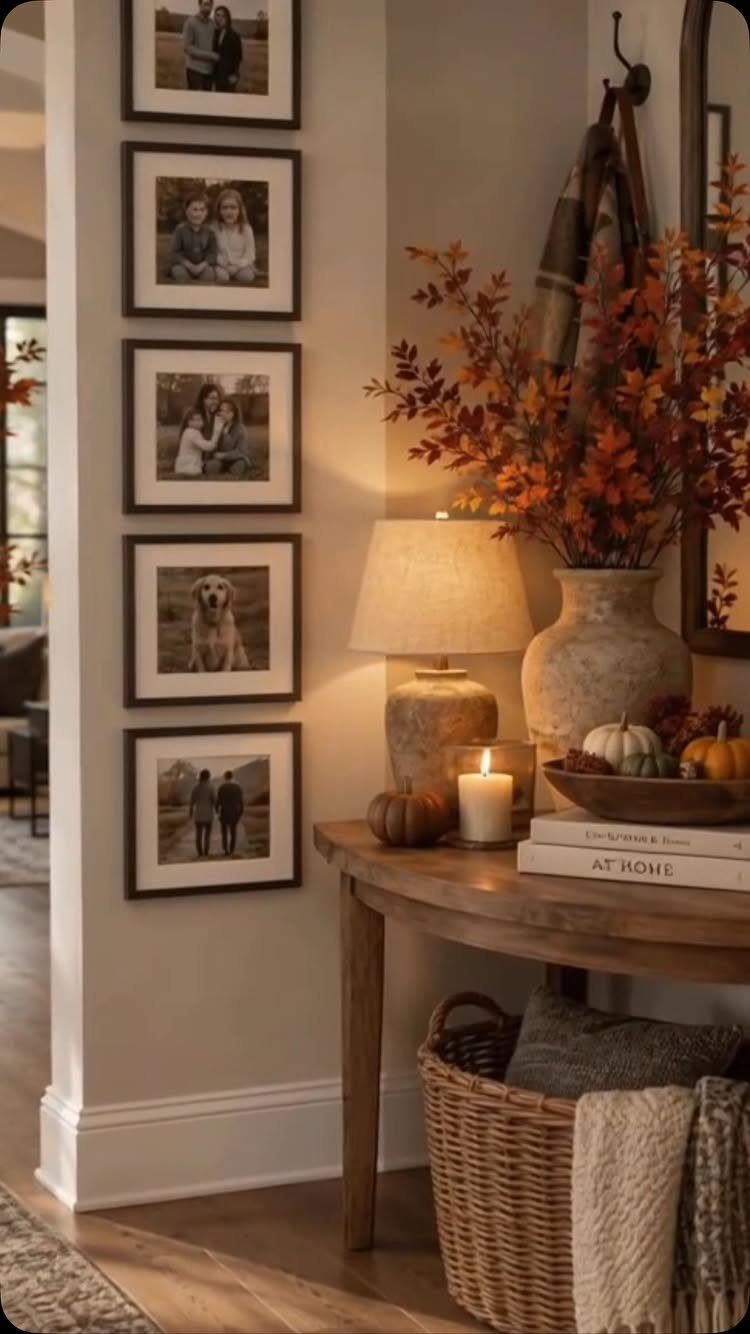 Five framed family portraits arranged vertically on a white wall above a wooden console table.