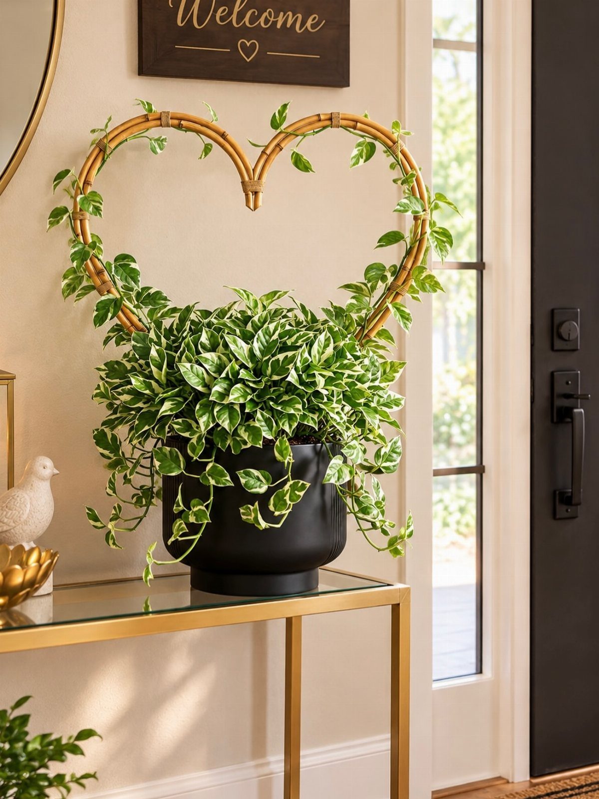 A variegated green plant in a black pot sits on a gold console table.
