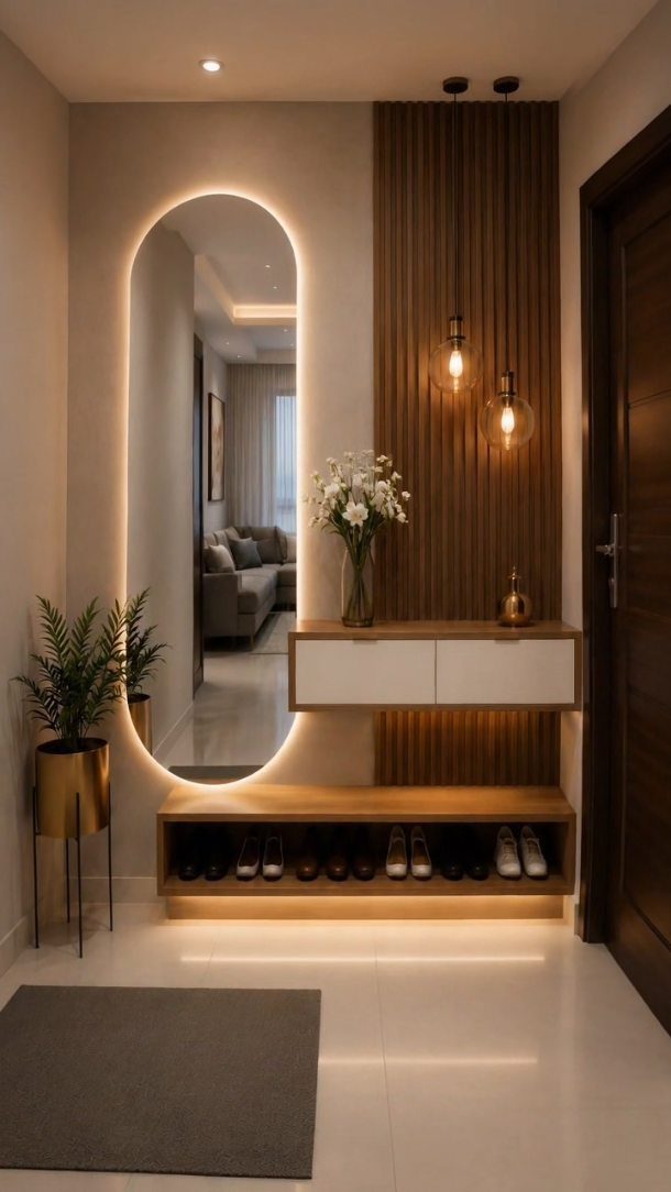 Modern entryway with a backlit oval mirror, floating console, and wooden shoe storage bench.