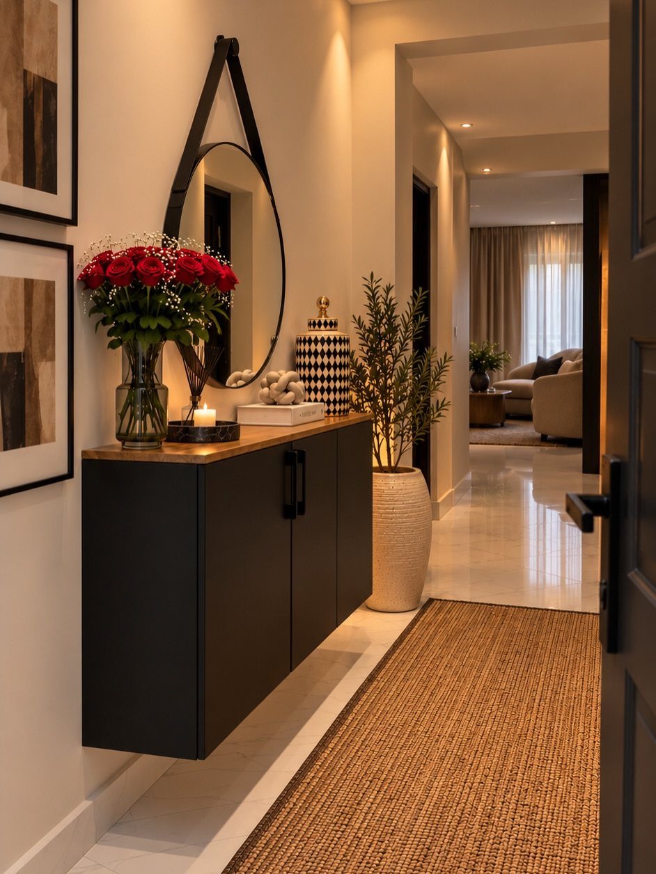 Black floating console cabinet with red roses and a round mirror in a bright hallway.