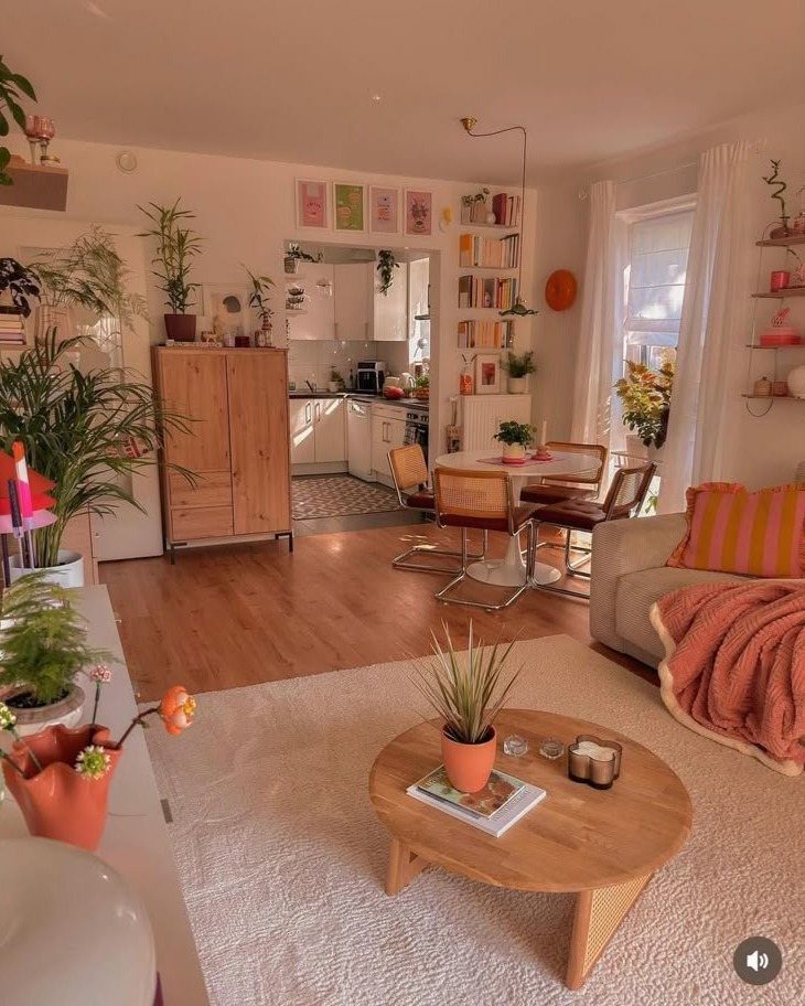 A cozy living room with a soft pink throw, striped pillows, a wooden coffee table, and various green plants.
