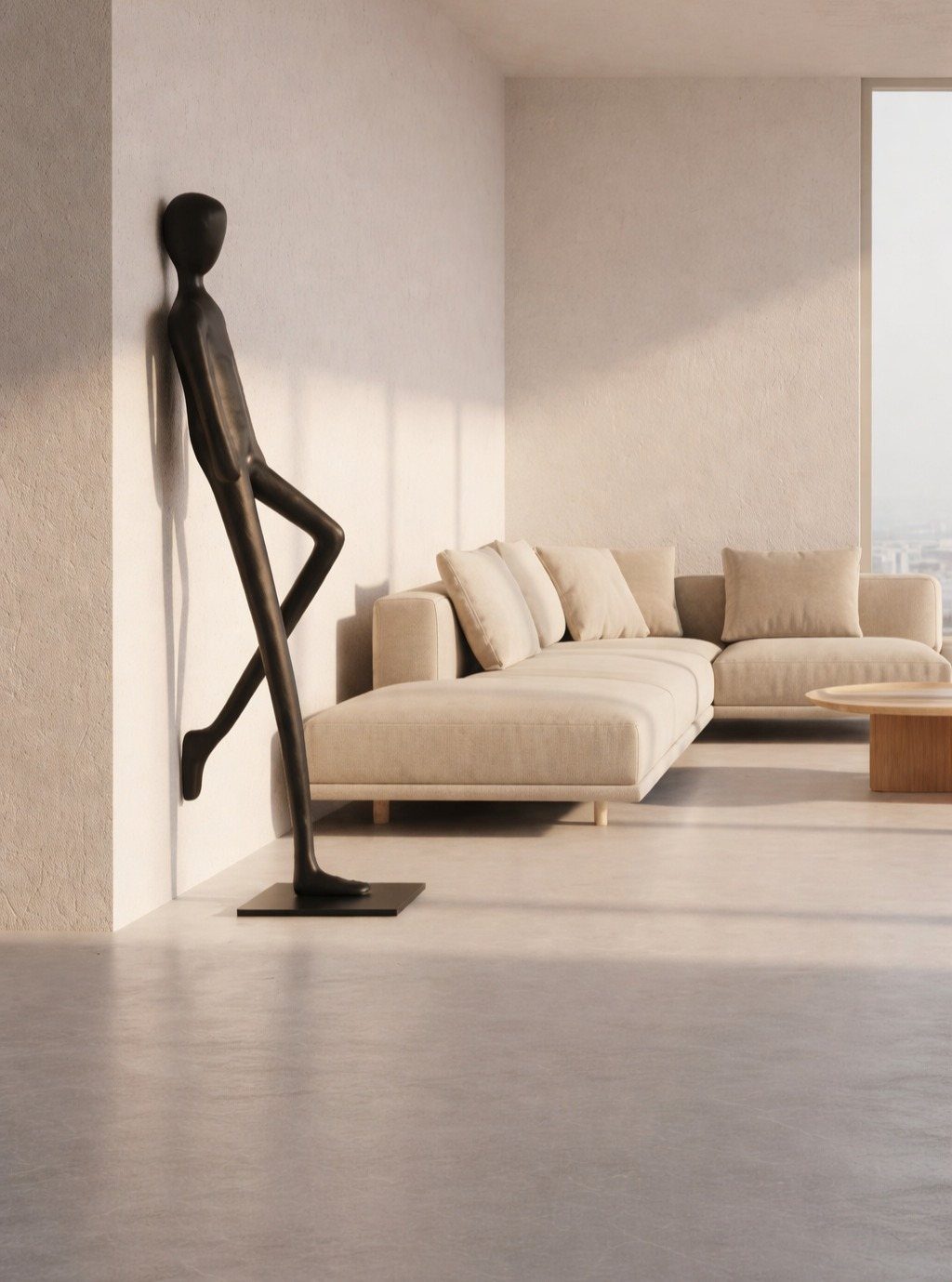A large black human figure sculpture leaning against a white wall in a minimalist living room.