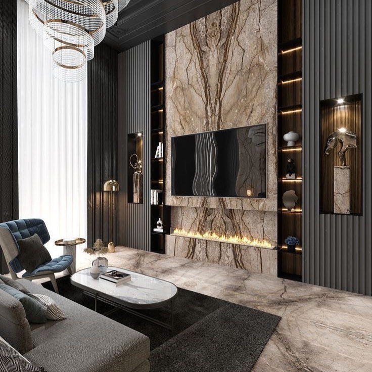 Modern living room with a large marble accent wall, integrated TV, and linear fireplace.