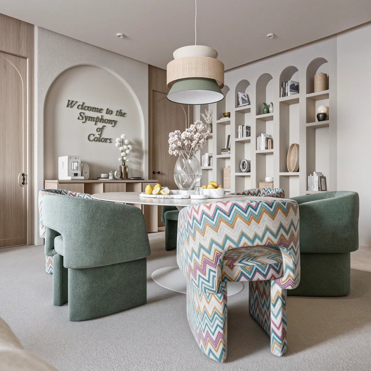 A dining set with one chair featuring a bold colorful chevron pattern among solid green chairs.