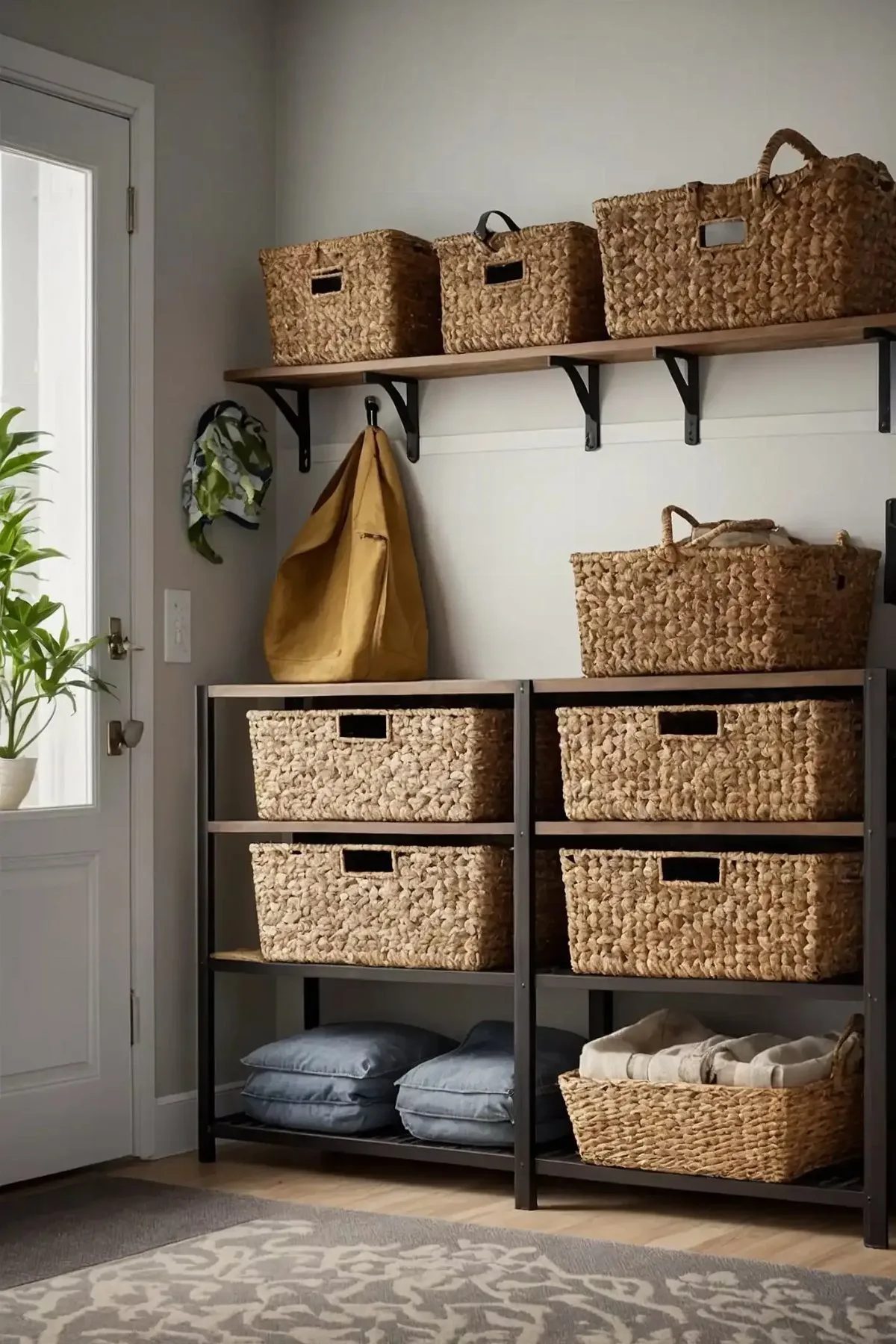 Woven seagrass baskets arranged on a high shelf and inside a dark metal storage unit.