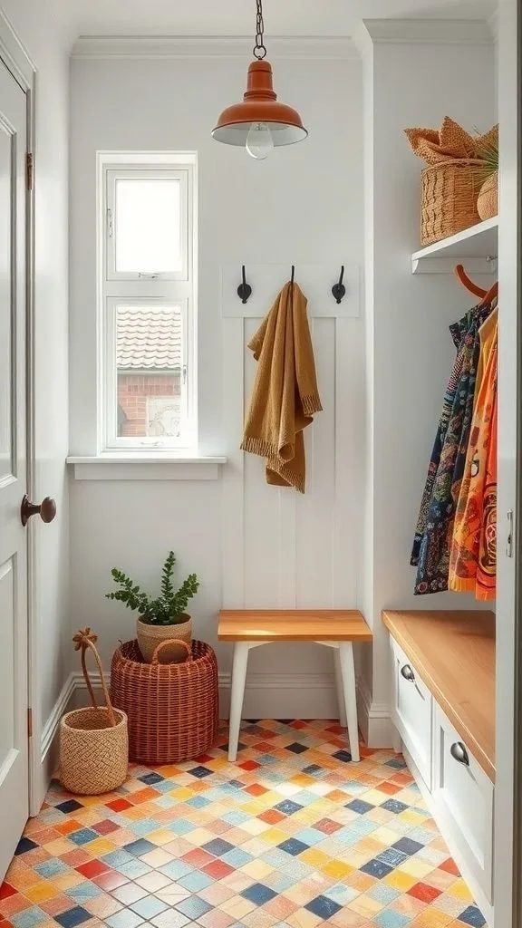 Colorful geometric floor tiles in a small white mudroom with a wooden bench.