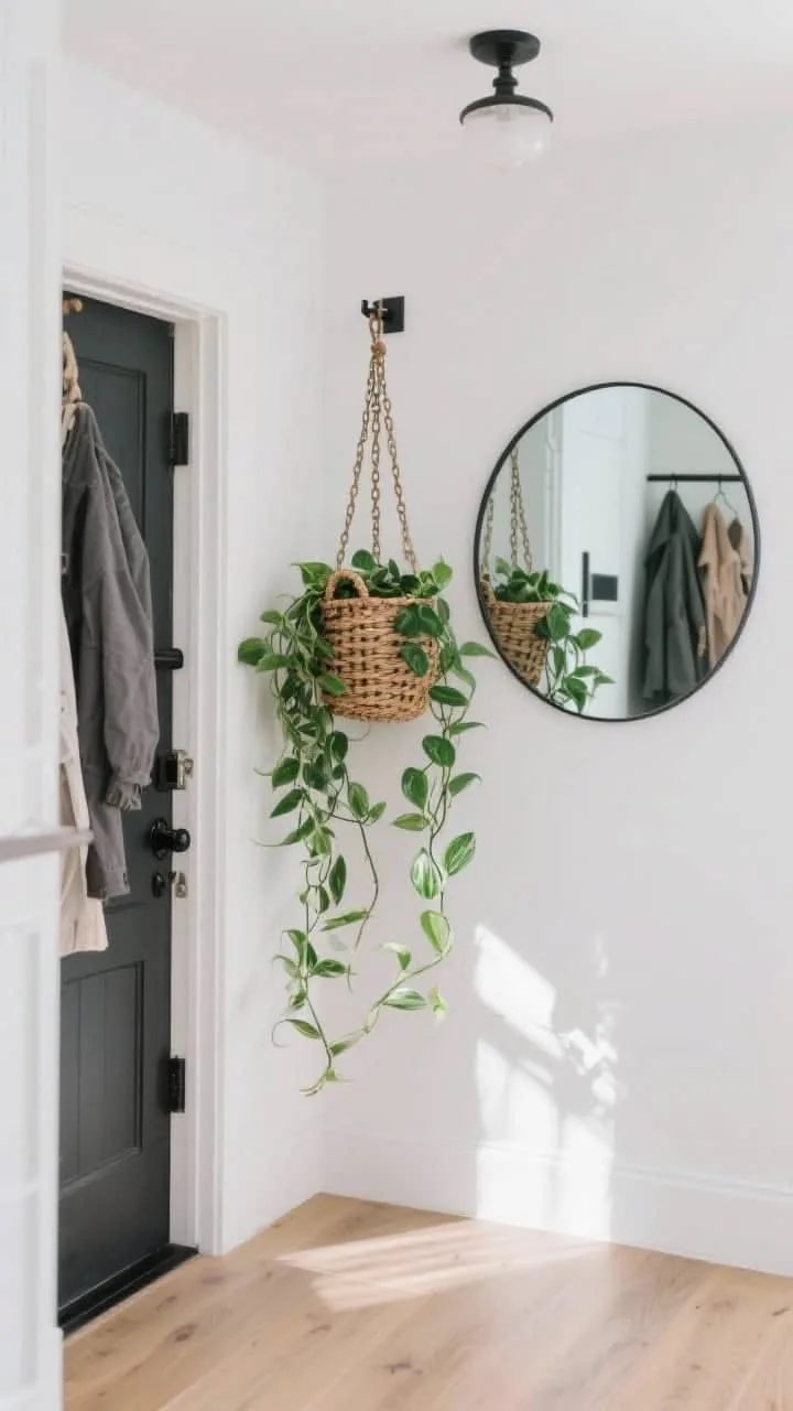 Round black-framed mirror hanging on a white wall next to a trailing green plant.