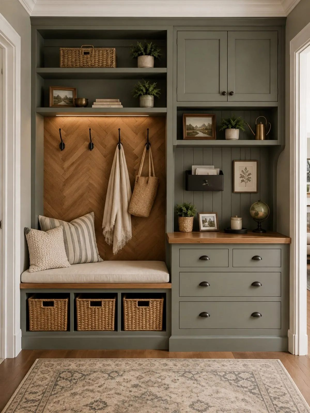 Built-in sage green mudroom unit with wooden herringbone backsplash and black wall hooks.