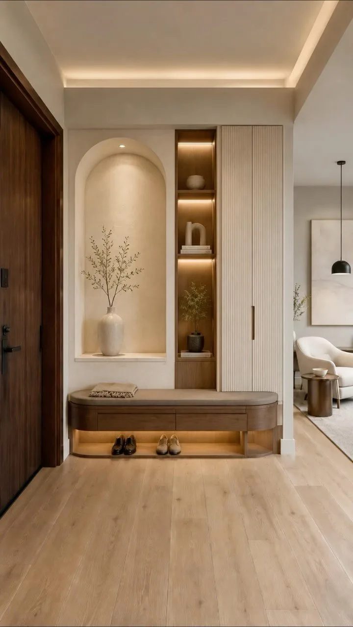 A modern entryway with a built-in wooden bench, tall cabinets, and an arched decorative alcove.