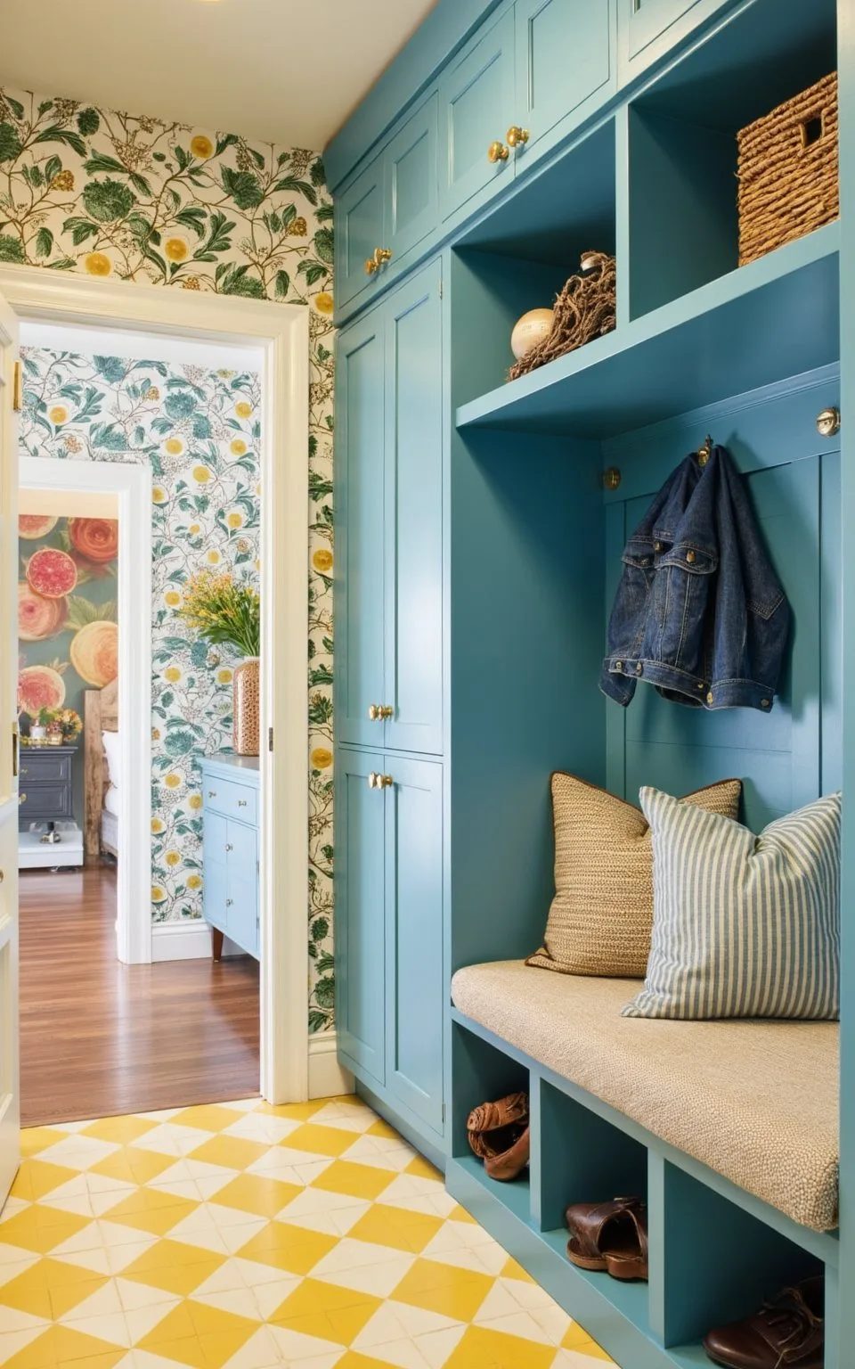 Teal built-in mudroom cabinetry with tall storage, bench seating, and yellow checkered tile flooring.