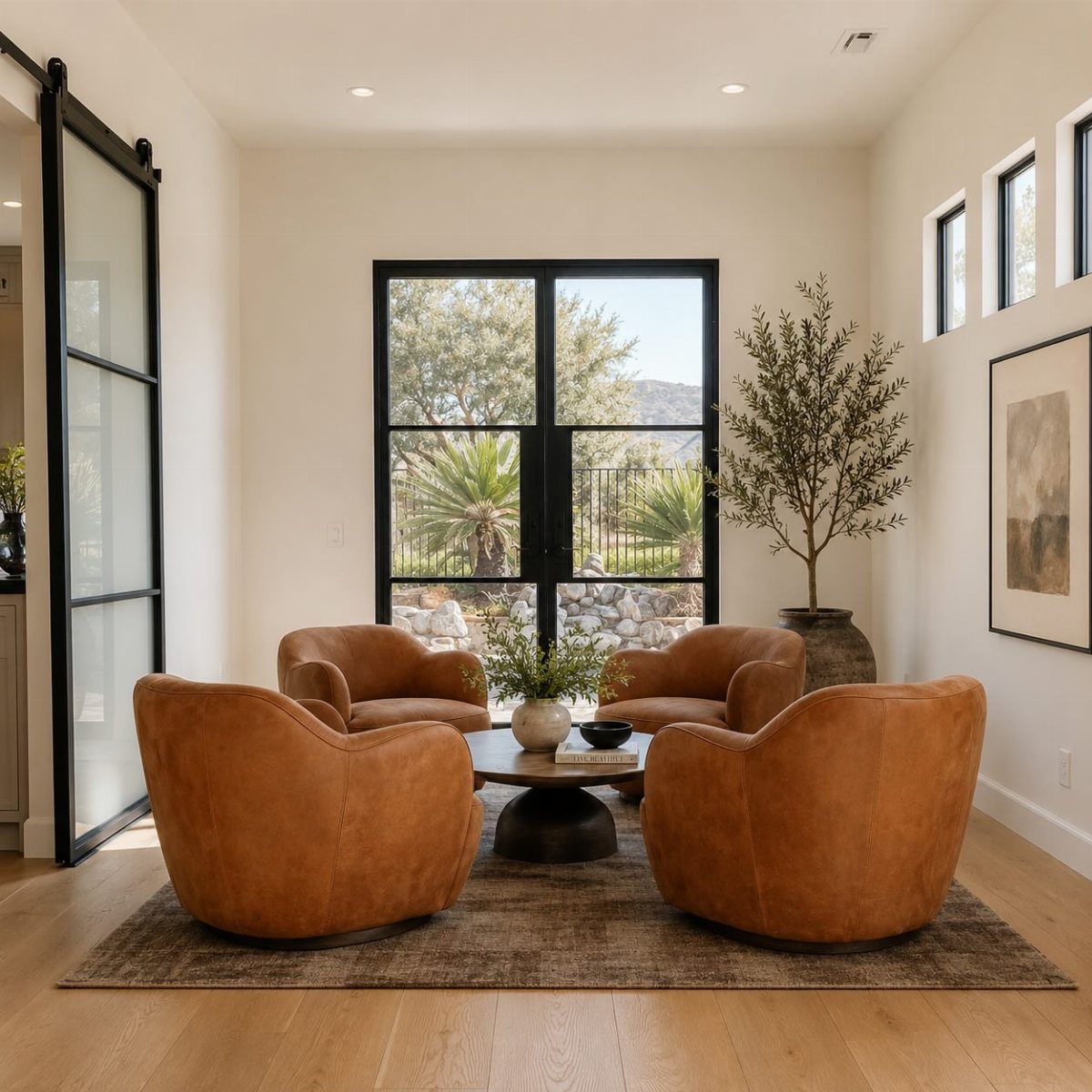 Four cognac leather chairs arranged in a circle around a coffee table in a bright room.