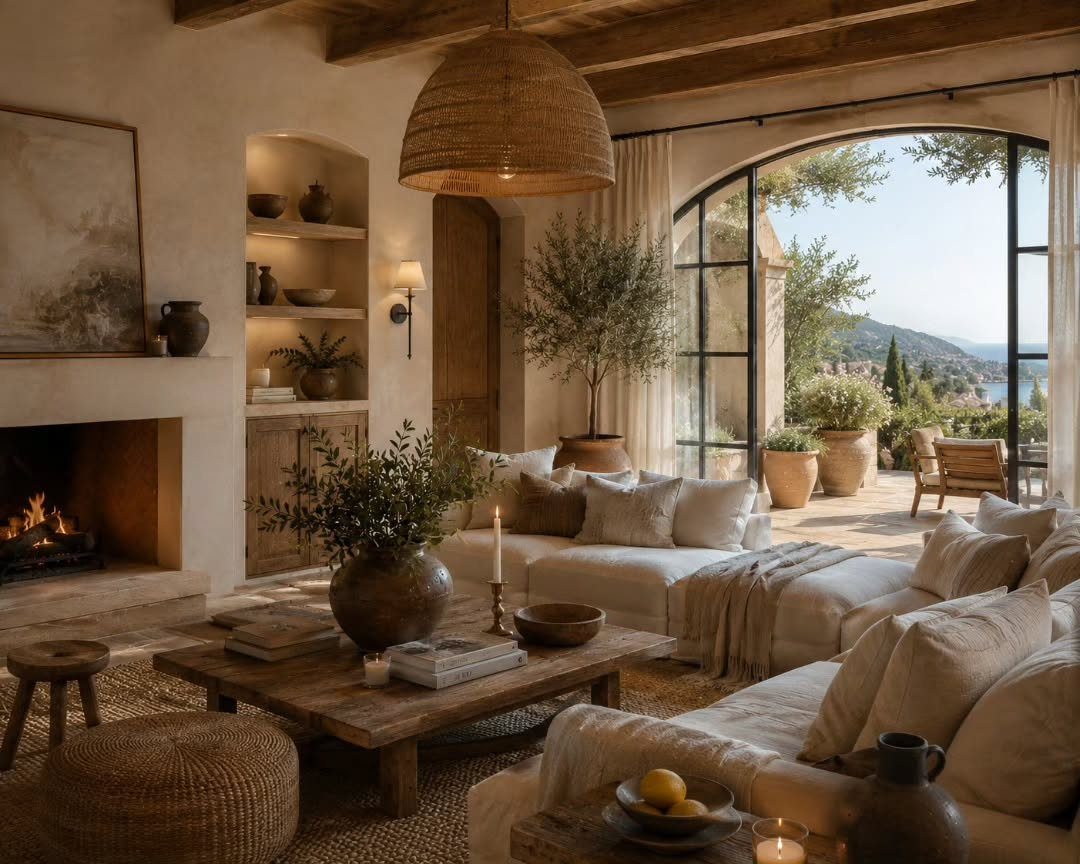 Modern Spanish living room with arched windows, wooden beams, and neutral furniture overlooking a terrace.