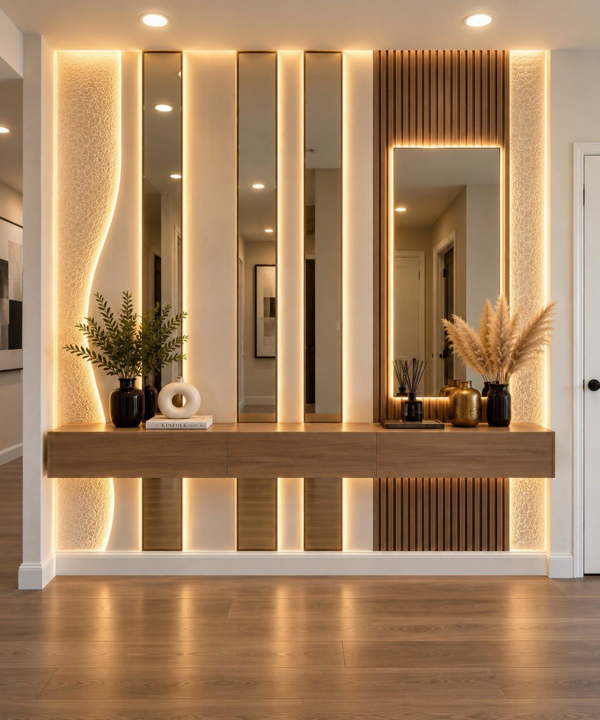 Modern wooden console with backlit wall panels and multiple mirrors in a bright entryway.