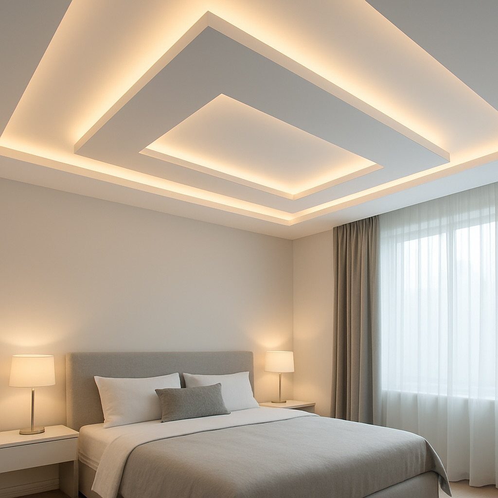 A modern bedroom showcasing a multi-layered tray ceiling with warm integrated cove lighting.