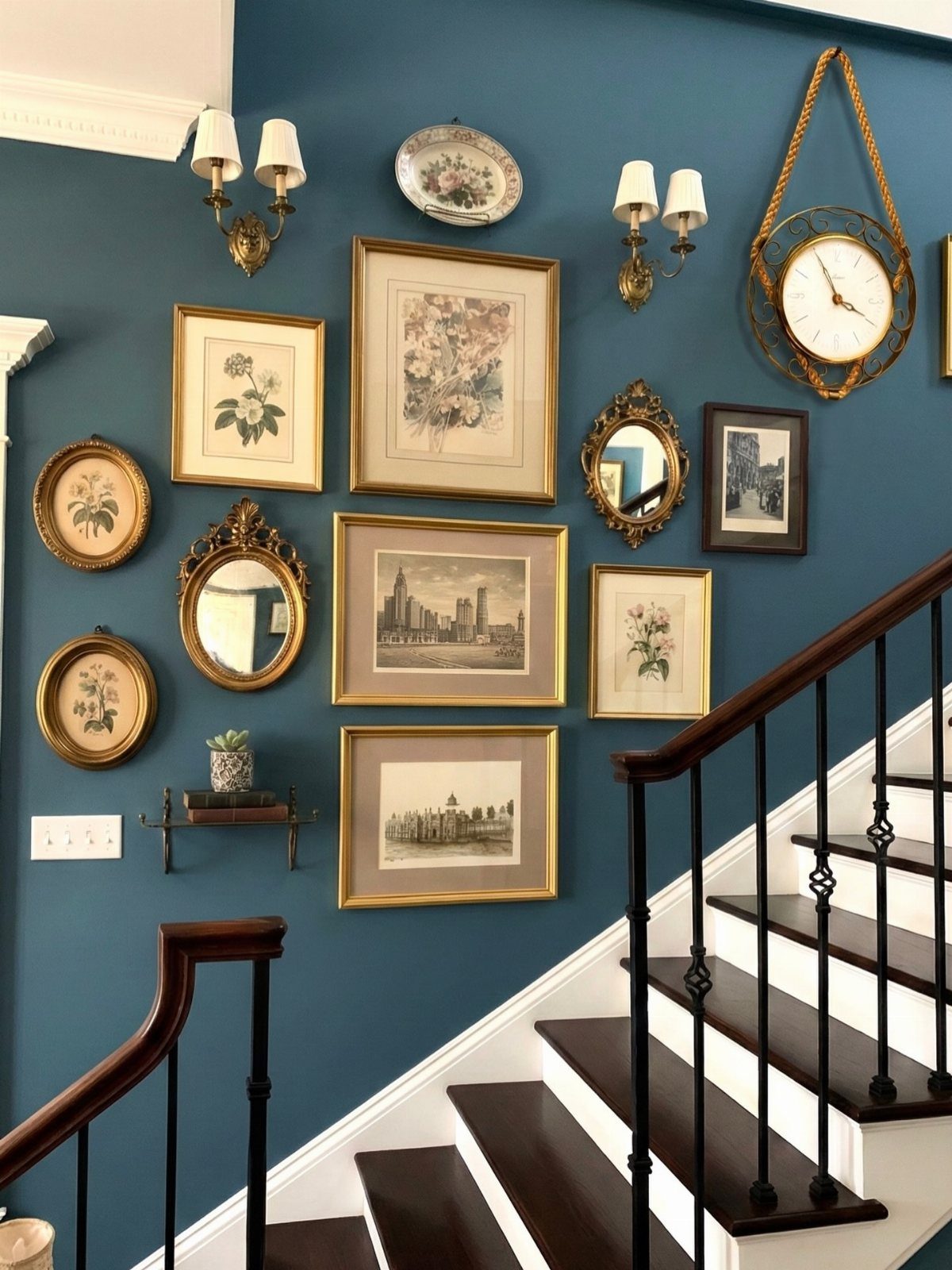 Vintage gold framed art and a large hanging clock decorate a dark teal wall by a staircase.