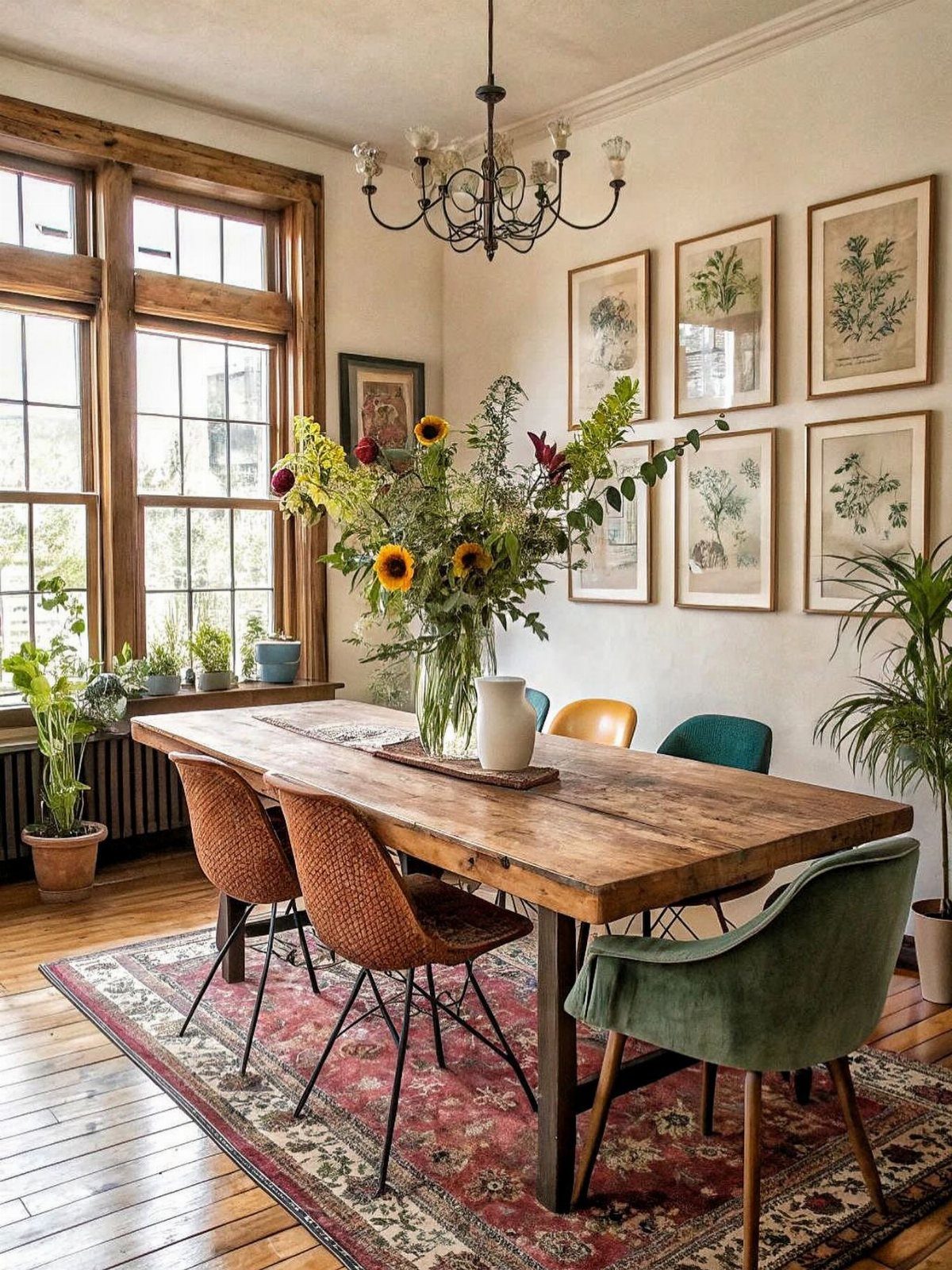 A rustic wooden dining table set with flowers and colorful chairs in a sunlit room.