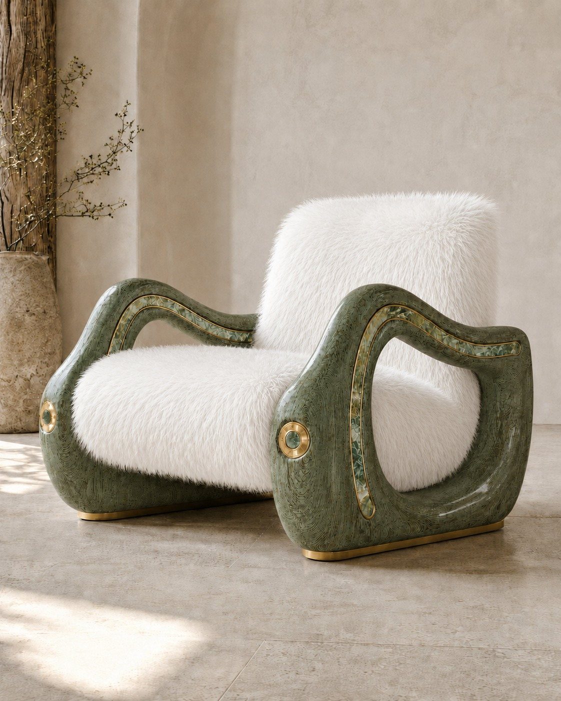 A sculptural white faux-fur armchair with curved green stone arms and gold accents.