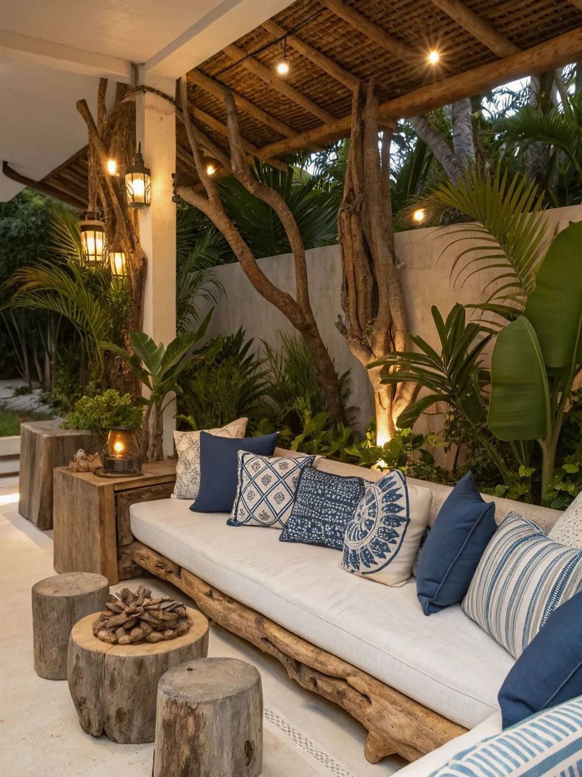 Rustic outdoor lounge with driftwood furniture, log stools, and blue patterned pillows amidst tropical plants.