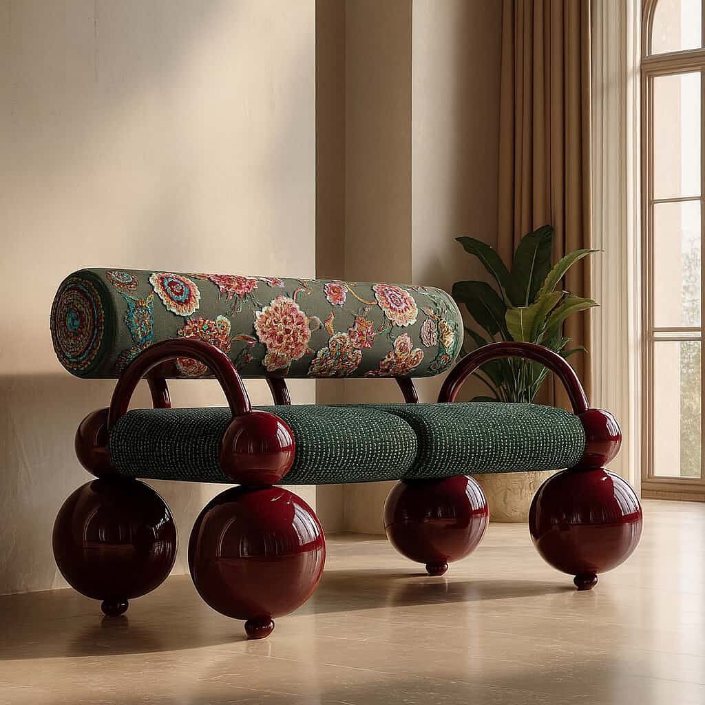A sculptural sofa with large red spherical legs and a floral patterned cylindrical backrest.
